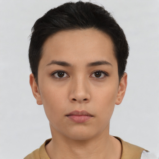 Neutral asian young-adult female with short  black hair and brown eyes