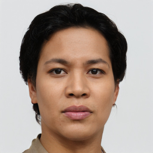 Neutral asian young-adult female with short  black hair and brown eyes