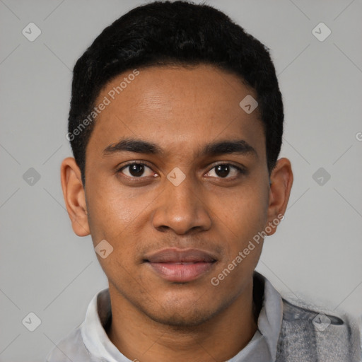 Neutral latino young-adult male with short  black hair and brown eyes