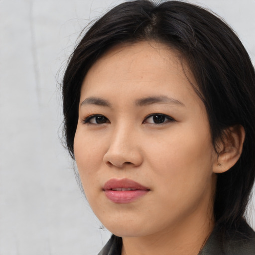 Neutral asian young-adult female with long  black hair and brown eyes