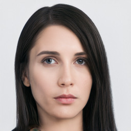 Neutral asian young-adult female with long  black hair and brown eyes