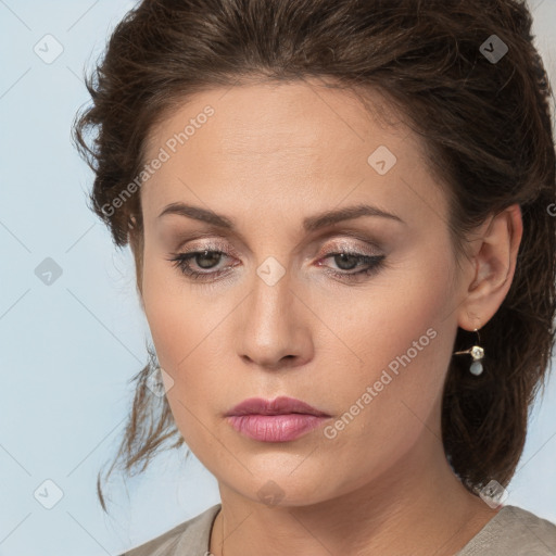 Neutral white young-adult female with medium  brown hair and brown eyes