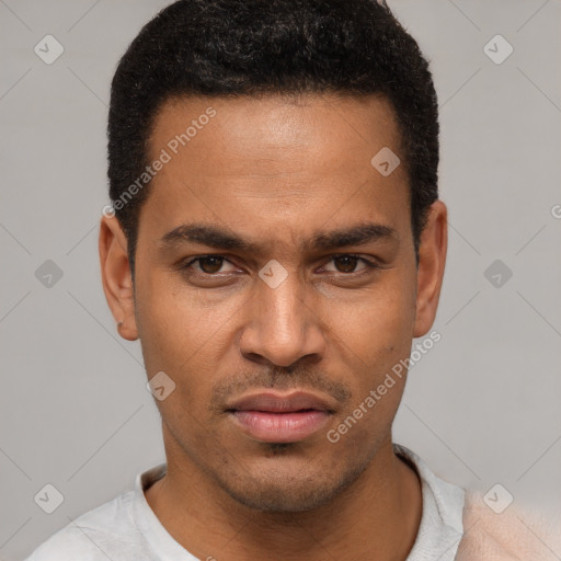 Neutral latino young-adult male with short  black hair and brown eyes