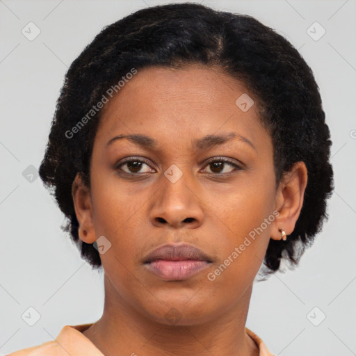 Neutral black young-adult female with short  black hair and brown eyes