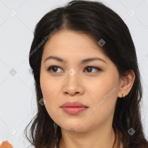 Neutral asian young-adult female with medium  brown hair and brown eyes