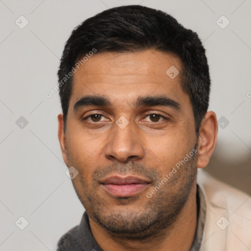 Neutral latino adult male with short  black hair and brown eyes