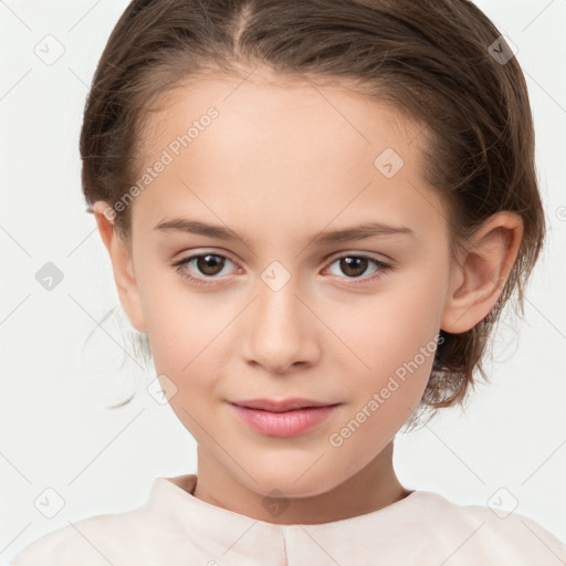 Joyful white child female with medium  brown hair and brown eyes