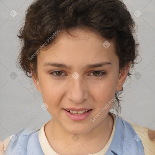 Joyful white child female with medium  brown hair and brown eyes