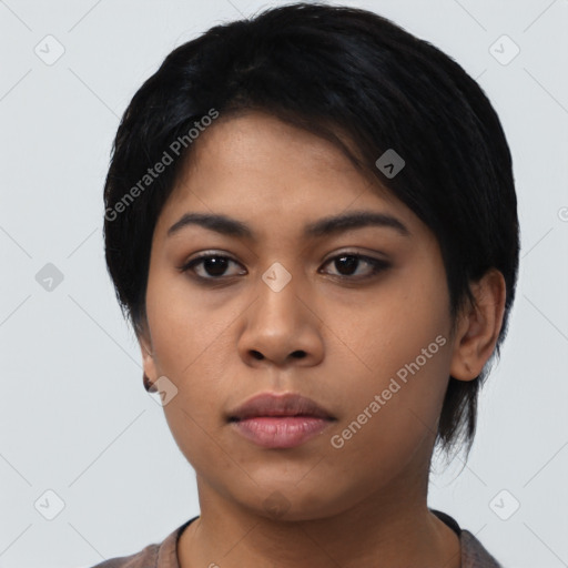 Neutral asian young-adult female with short  black hair and brown eyes