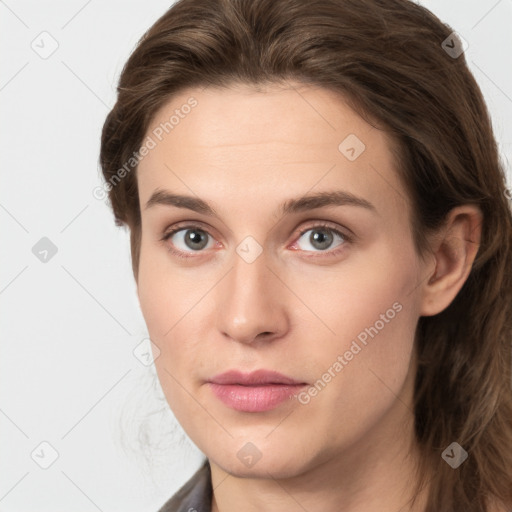 Neutral white young-adult female with medium  brown hair and grey eyes