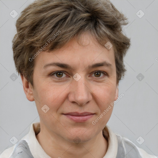 Joyful white adult female with short  brown hair and brown eyes