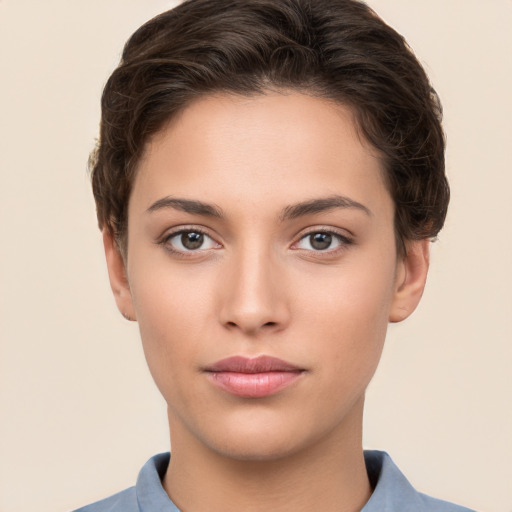 Neutral white young-adult female with short  brown hair and brown eyes