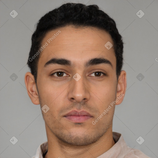 Neutral latino young-adult male with short  black hair and brown eyes