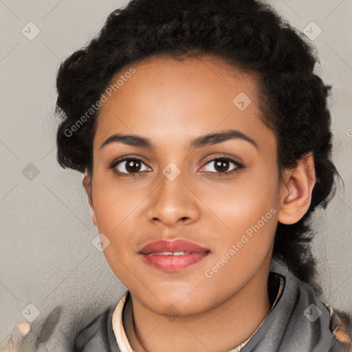 Joyful latino young-adult female with short  black hair and brown eyes