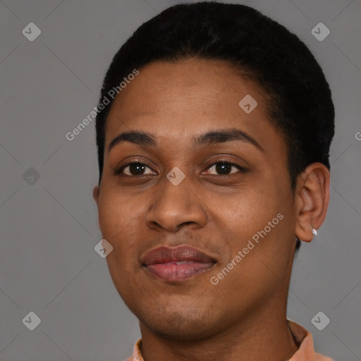 Joyful black young-adult female with short  black hair and brown eyes