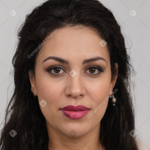 Joyful latino young-adult female with long  brown hair and brown eyes