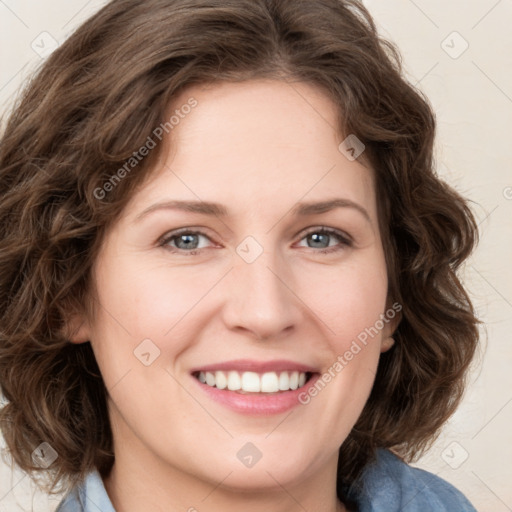 Joyful white young-adult female with medium  brown hair and green eyes