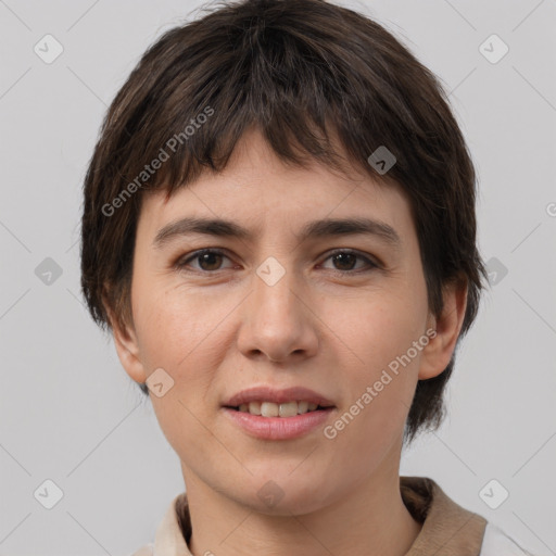 Joyful white young-adult female with short  brown hair and brown eyes