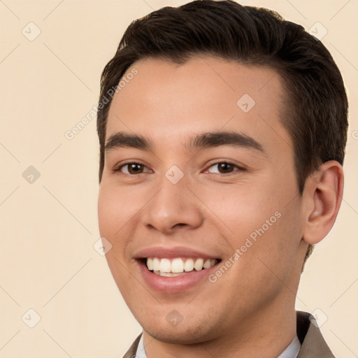 Joyful white young-adult male with short  brown hair and brown eyes