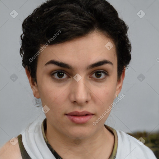 Neutral white young-adult female with short  brown hair and brown eyes