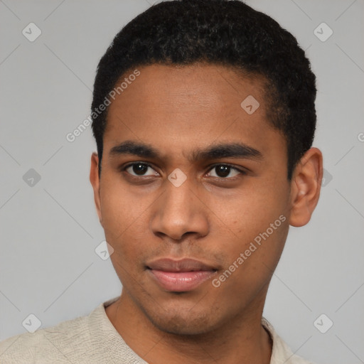 Neutral latino young-adult male with short  black hair and brown eyes