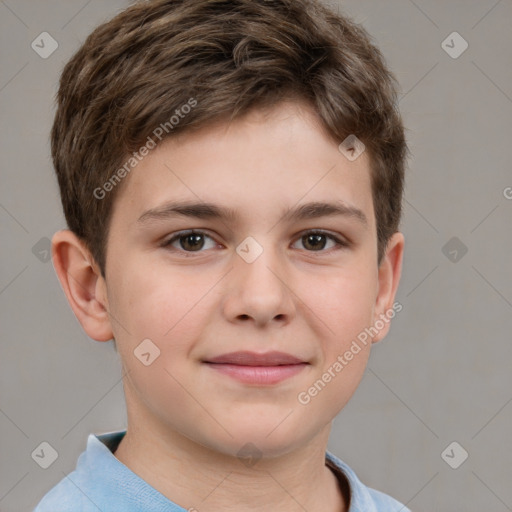 Joyful white child male with short  brown hair and brown eyes