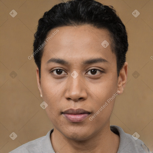 Neutral latino young-adult male with short  black hair and brown eyes