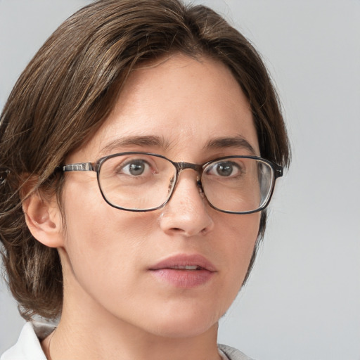 Neutral white adult female with medium  brown hair and grey eyes