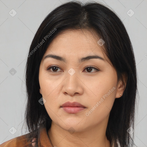 Neutral asian young-adult female with medium  brown hair and brown eyes