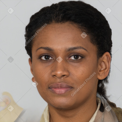 Neutral black young-adult female with short  black hair and brown eyes
