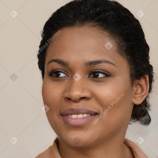 Joyful latino young-adult female with medium  black hair and brown eyes