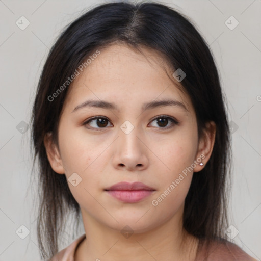 Neutral asian young-adult female with medium  brown hair and brown eyes