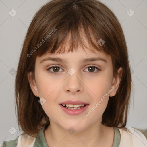 Joyful white child female with medium  brown hair and brown eyes