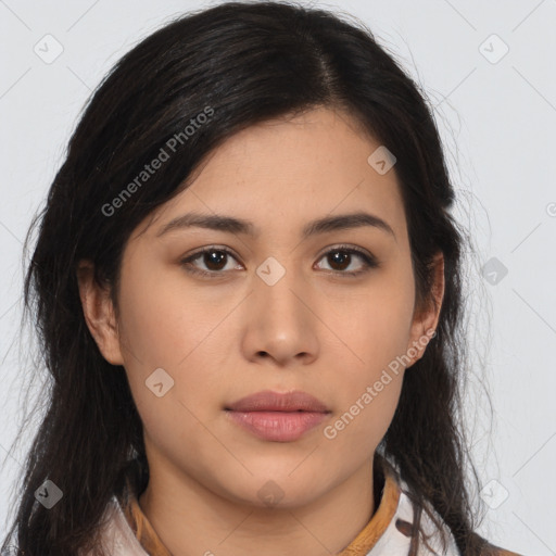 Neutral asian young-adult female with long  brown hair and brown eyes