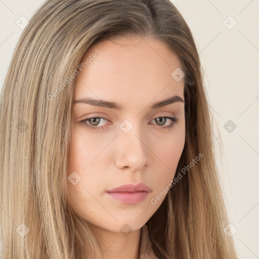 Neutral white young-adult female with long  brown hair and brown eyes