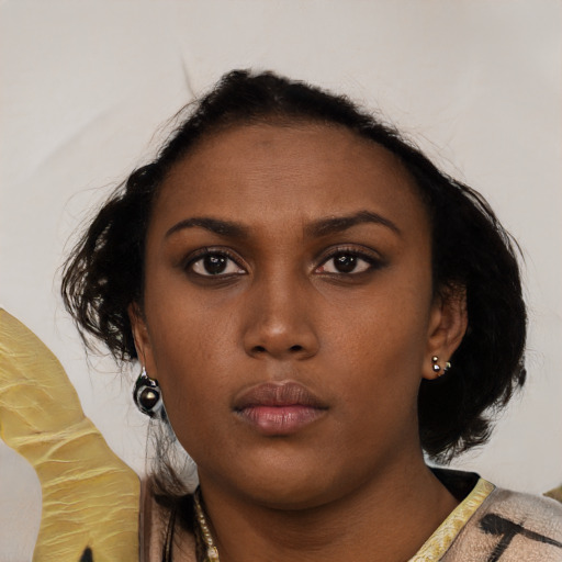 Neutral asian young-adult female with medium  brown hair and brown eyes