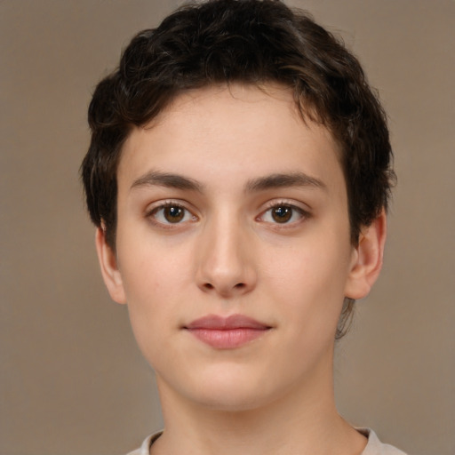 Neutral white young-adult female with short  brown hair and brown eyes