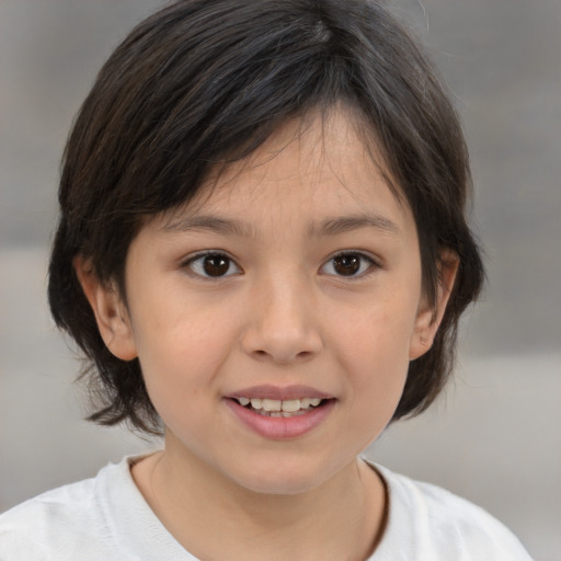 Joyful white child female with medium  brown hair and brown eyes