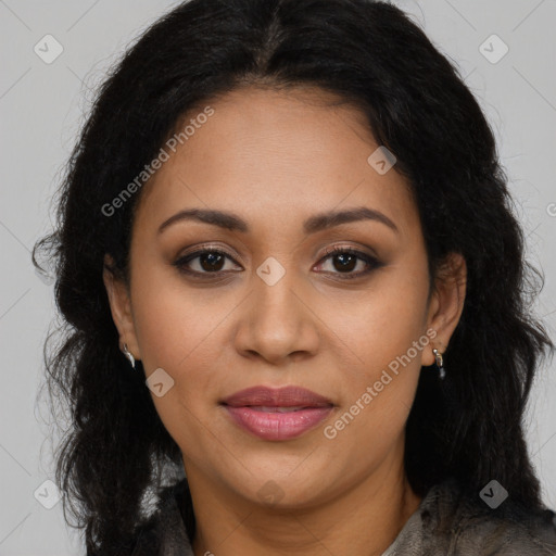 Joyful latino young-adult female with long  brown hair and brown eyes