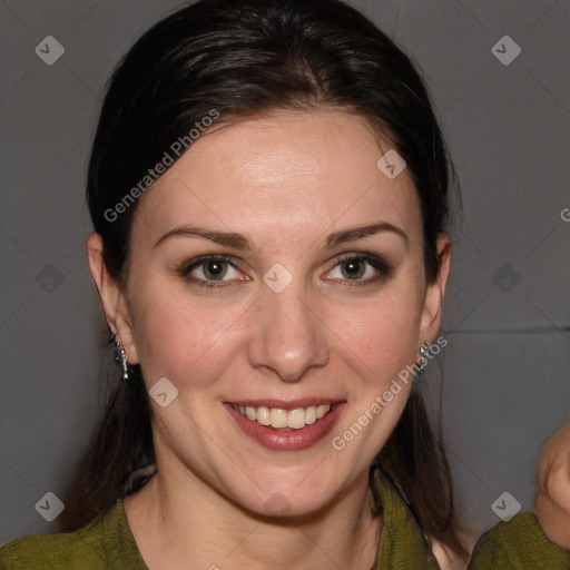 Joyful white young-adult female with medium  brown hair and blue eyes