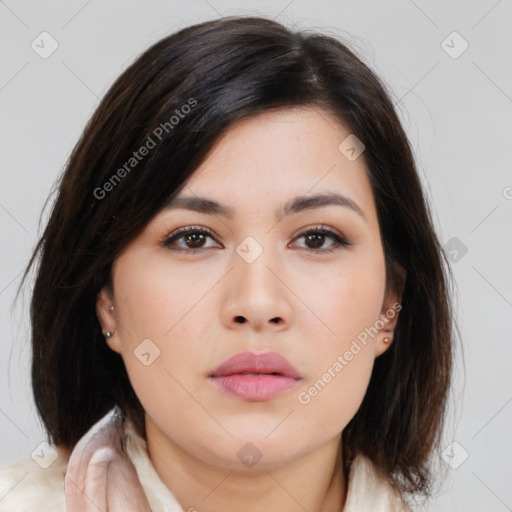 Neutral asian young-adult female with medium  brown hair and brown eyes