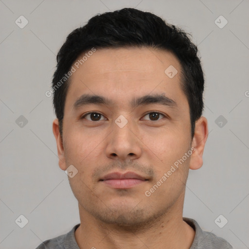 Neutral asian young-adult male with short  black hair and brown eyes