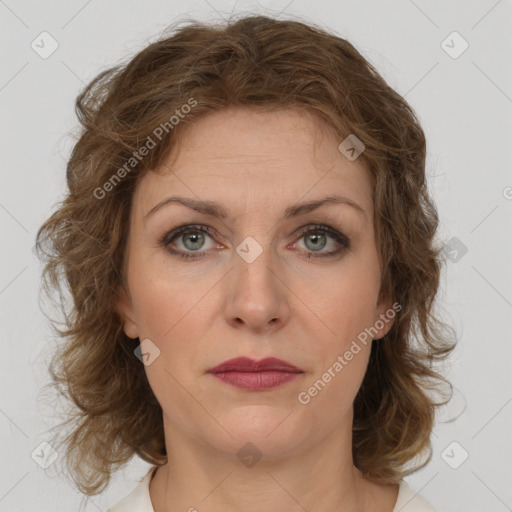 Joyful white young-adult female with medium  brown hair and green eyes