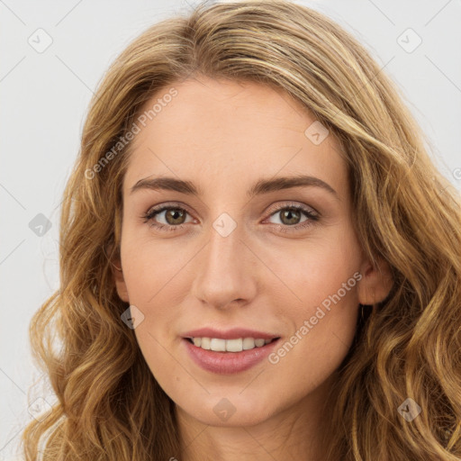 Joyful white young-adult female with long  brown hair and green eyes