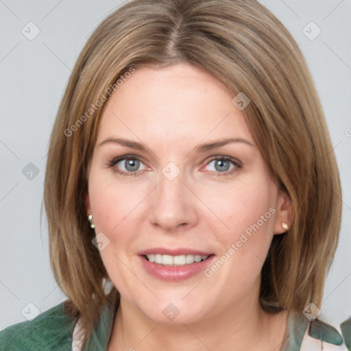 Joyful white young-adult female with medium  brown hair and blue eyes