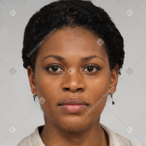 Neutral black young-adult female with short  black hair and brown eyes