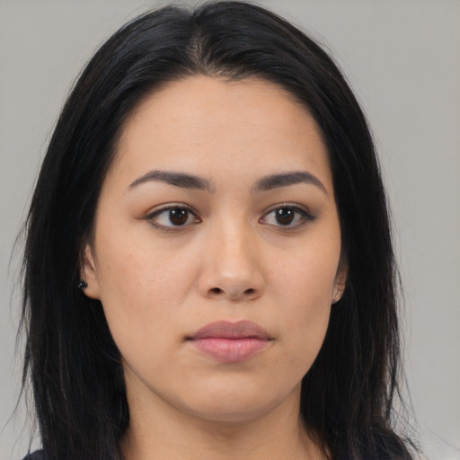 Neutral asian young-adult female with long  black hair and brown eyes