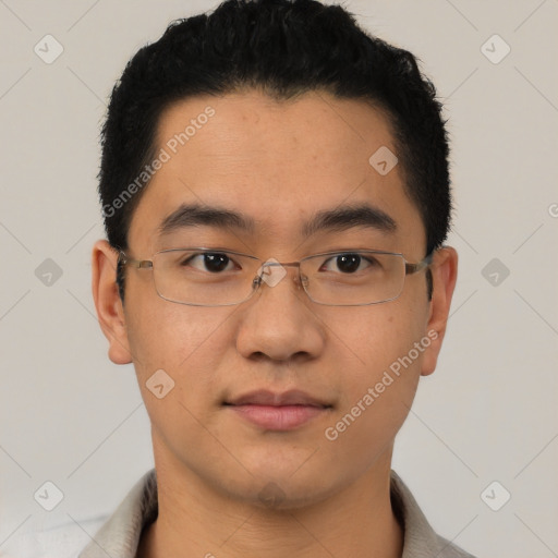 Neutral asian young-adult male with short  black hair and brown eyes