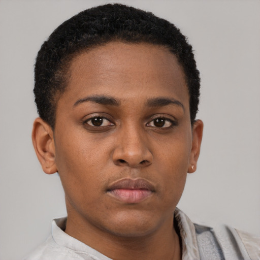 Neutral black young-adult female with short  brown hair and brown eyes