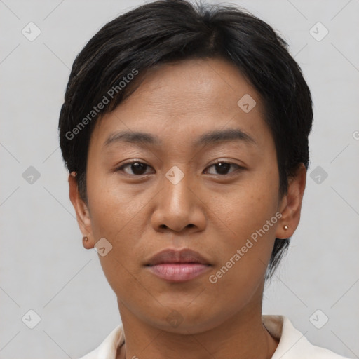 Neutral asian young-adult female with short  black hair and brown eyes